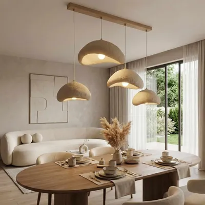 Image de Opviq, suspension élégante en métal avec abat-jour en fibre de verre, couleur écru, hauteur réglable (50-110 cm), 4 x E27, IP20, idéale pour les intérieurs modernes, dimensions : 30-52 cm.