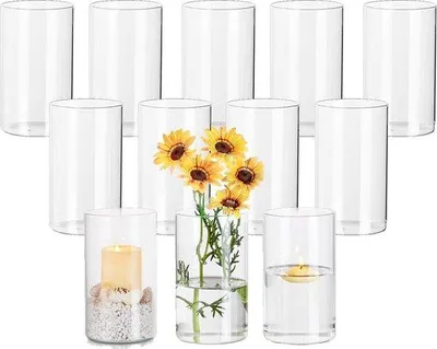 Produktbild von Unyqoos® Glaszylinder Windlicht – 12er Set Kerzenhalter, mundgeblasenes Glas, 15 x 8,5 cm (H x D), hitzebeständig, für Schwimmkerzen & Stumpenkerzen, Tischdeko