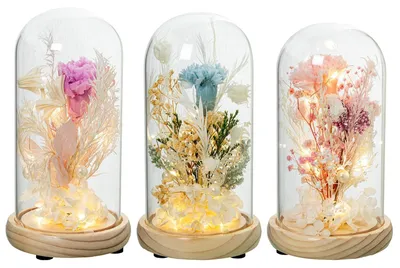 Produktbild von DRW Set mit 3 Glasfans, mit Holzsockel und künstlichen Blumen in natürlichen und