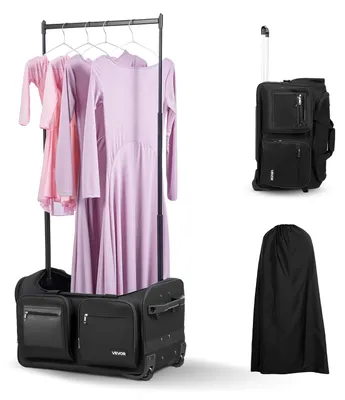 Produktbild von VEVOR Tanztasche mit Kleiderständer, 736,6 mm rollende Tanz-Duffel, mit Rädern, USB-Anschluss, höhenverstellbarer Kleiderständer, Sichtschutzvorhang, ideal für Reisen und Wettbewerbe, mattes Pink, 62x45x38 cm