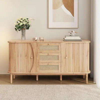 Immagine prodotto di Comodino stretto con 2 cassetti e 2 ante, dimensioni 140,5 x 40 x 76 cm, aspetto legno, rattan