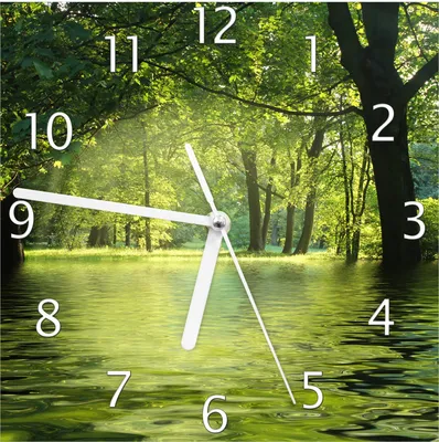 Produktbild von Wallario Design Wanduhr Idyllischer See im Wald bei Sonnenschein aus Echtglas, Größe 20 x 20 cm