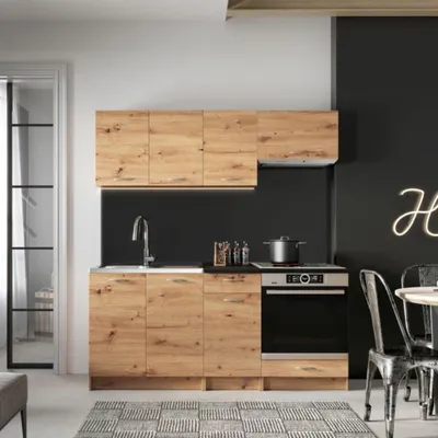 Obrázek produktu pro Kuchyňská linka 180 cm - s černou pracovní deskou - Dub Artisan - 6 skříněk - kuchyňský blok - kompaktní sestava - MELA