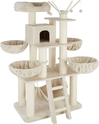 A multi-level cat tree with various platforms, scratching posts, baskets, a hammock, and a ladder, all in a neutral beige color.