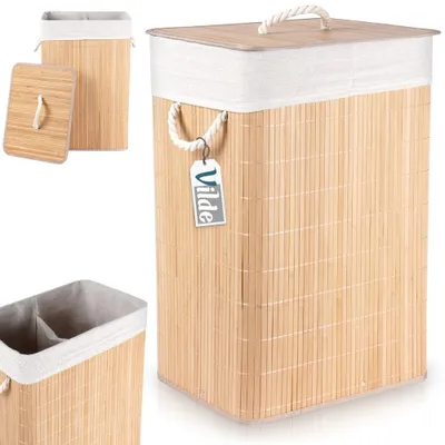 A product shot of a bamboo laundry basket with a fabric liner and lid, shown from multiple angles.