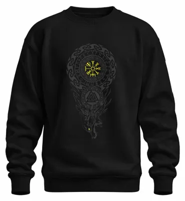 Imagen del producto de Sudadera uni con motivos vikingos: Vegvísir, Valknut, lobo Fenrir, runas nórdicas, Valhalla. Color: negro. Talla: XXL