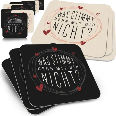 Produktbild von 50 Bierdeckel Spruch 'Was stimmt mit dir nicht?', Herzmotiv, Party Schwarz-Natur