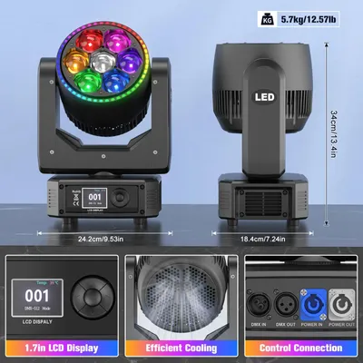 Produktbild von Moving-Head-Licht - DMX-Bühnenbeleuchtung - 7 × 30 W RGBW 4-in-1 LED - 300 W - Motorisierter Zoom 4,5–45° - DMX512/RDM - EU-Stecker - Schwarz