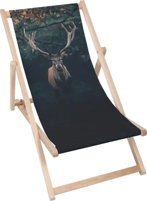 A wooden deck chair with a printed image of a deer on the fabric.