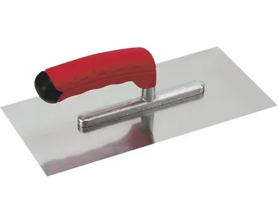 A stainless steel trowel with a red and black soft grip handle is shown on a white background.
