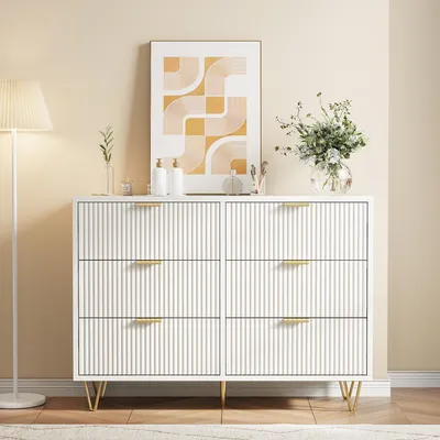 Produktbild von UnboxG Sideboard Weiß mit 6 Schubladen, Esszimmer Schrank mit Stauraum, Modernes Kommode für Wohnzimmer oder Küche