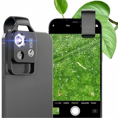 Produktbild von 200X Telefon-Mikroskopobjektiv mit CPL, LED Fuelllicht, Universal-Telefonclip, fuer die Beobachtung von Pflanzen,Insekten,Haut,Bewertung,Tests