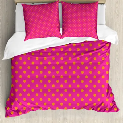 Immagine prodotto di ABAKUHAUS Set copripiumino rosa e arancione, caldo motivo a pois colorati, design tradizionale, forme sintetiche, 200 x 200 cm + 80 x 80 cm, rosa e arancione