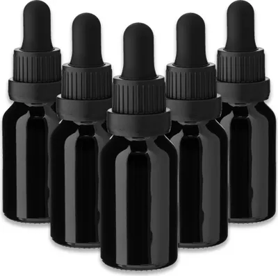 Produktbild von 5x Glasflasche schwarz 15 ml mit schwarzer Pipette Tropfflaschen Kosmetik