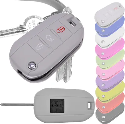 Produktbild von Auto Schlüssel Hülle Silikon Schutz Cover Grau kompatibel mit Peugeot 208 301 308 508 5008 2008 Expert Citroen C3 C4 Spacetourer Traveller 3 Tasten Klappschlüssel