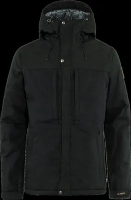 A black Fjällräven jacket is shown against a black background.