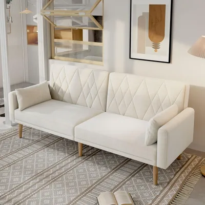Produktbild von STILVORA Schlafsofa mit 2 Kissen und verstellbare Rückenlehne,Zweisitzer mit Schlaffunktion und Hilfsfuß,Klappsofa aus Samtstoff,Beige