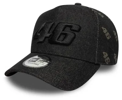 Produktbild von Valentino Rossi New Era Trucker Cap VR 46 Laser Etch Denim, Offizieller Fanartikel, Schwarze Cap mit gesticktem 46 und Snapback, 100% Baumwolle