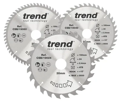 3 TCT-Kreissägeblätter 190 mm, 24/40/60 Zähne, 30 mm Bohrung