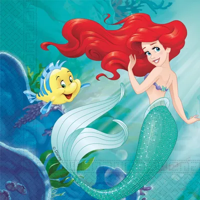 Ariel and Flounder from The Little Mermaid swimming underwater.