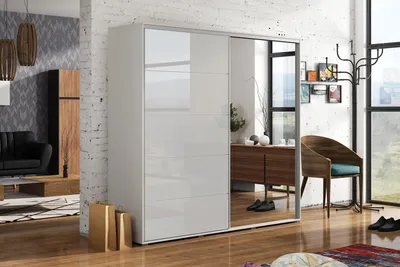 Zdjęcie produktu dla Szafa A11 z lustrem i szkłem Lacobel – biała – 200 x 62 x 245 cm.