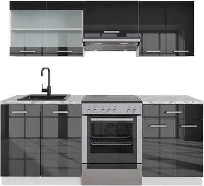 Produktbild von Vicco Küchenzeile R-Line, 200 cm AP Marmor, Anthrazit Hochglanz/Weiß/Weiß