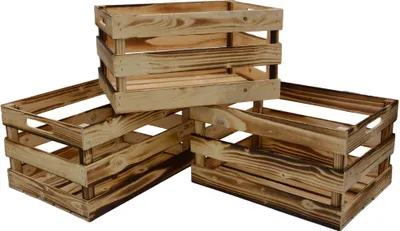 Three wooden crates are stacked and arranged on a white background.