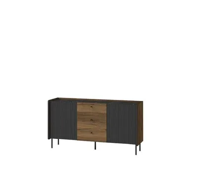 Produktbild von Kommode PRESTON I, Sideboard mit 3 Schubladen und 2 Türen, Wohnzimmerschrank, Modernes Design mit Lamellenfront, Warmia Nussbaum und Schwarz