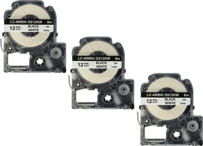 Produktbild von vhbw 3x Schriftband-Kassette kompatibel mit KingJim SR-PBW1, SR-RK1, SR750, SR950 Etiketten-Drucker 8m x 12mm Schwarz auf Weiß