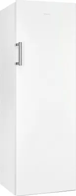 A tall, white upright freezer against a white background.