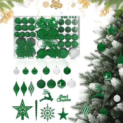 Image de LZQ Set de 108 boules de Noël, différentes formes Décorations de Noël, mates, brillantes, scintillantes, réutilisables Décorations de Noël, vert foncé et blanc