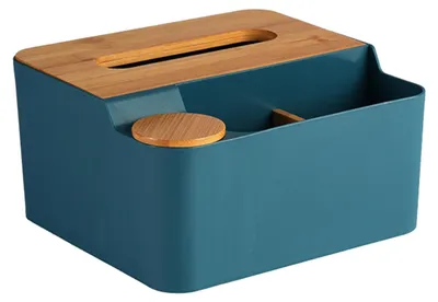 Imagen del producto de Caja multifuncional para pañuelos, con tapa de plástico y aspecto de madera, organizador de escritorio para sala de estar, dormitorio, color azul