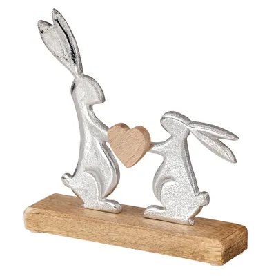 Produktbild von Osterhase Tischdeko Mangoholz Metall Braun Silber Natur Herz Ostern Deko Figur Frühlingsdeko Dekohase Hase auf Sockel