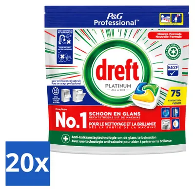 Produktbild von 20 x Dreft Professional Platinum All In One Spülmaschinenkapseln - Zitrone - 75 Stück - Vorteilspackung - 20 Stücke