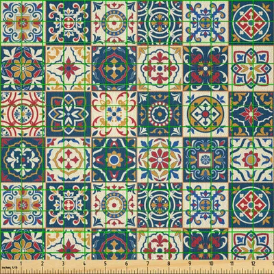 Image de ABAKUHAUS tissu microfibre marocain vendu au mètre, motif coloré Azulejo Checkered Squares portugais, 1 m (230 x 100 cm), bleu foncé, jaune, rouge