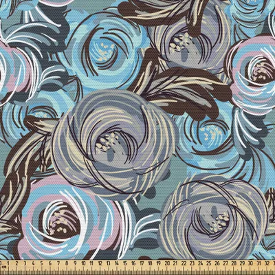 Produktbild von ABAKUHAUS Garten Kunst Gewebe als Meterware, Botanischer Rosen-Blumenstrauß mit impressionistischem Shabby Chic-Entwurf, 10 M (148 x 1000 cm), Kadett Blau Hellrosa Grau