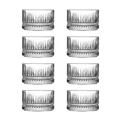 A set of eight clear glass bowls arranged in a two-column, four-row grid against a white background.