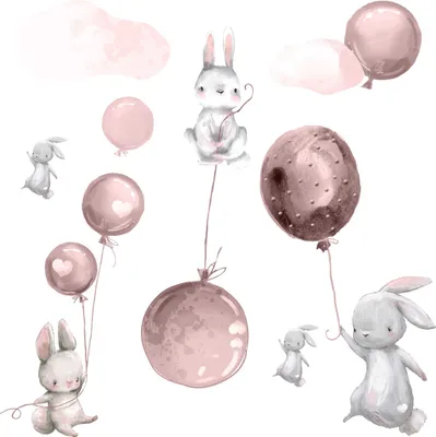 Produktbild von Wandtattoo Kaninchen, Luftballons, Wolken, mit umweltfreundlichen, geruchsneutralen Druckfarben - Wandsticker, Wandaufkleber Kinder 100 x 170 cm