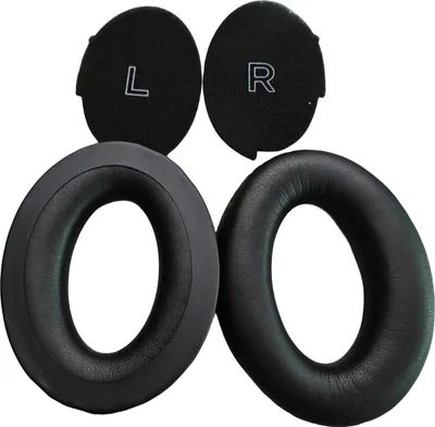 Two black ear pads and two black foam inserts for headphones are shown against a white background.