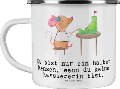 Produktbild von Mr. & Mrs. Panda Haferl Kassiererin Herz - Weiß - Geschenk, Witzig, Teetasse, Lustig, Emaille Tasse, Reisebecher, Becher, Pott, Kassenwartin, Spruch