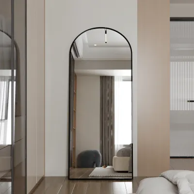 Produktbild von Ganzkörperspiegel, 180 x 80 cm, gewölbter Standspiegel, Rahmen aus Aluminiumlegierung, Hartglas, für Schlafzimmer, Wohnzimmer, Garderobe, tintenschwarz