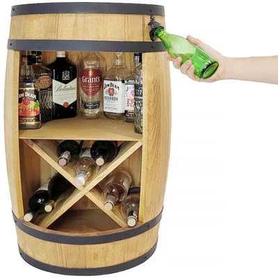 Immagine prodotto di Bar con botte e ripiano a X per bottiglie di vino coricate, apribottiglie. Bar rustico con botte 80x50 cm