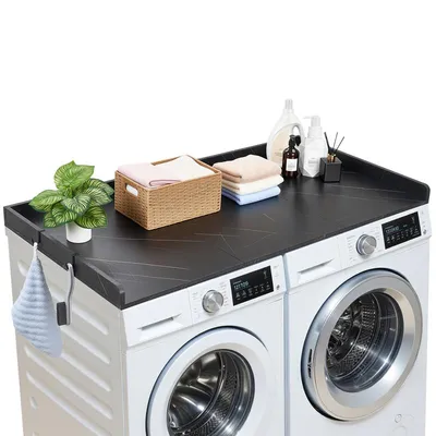 Obrázek produktu pro SucceBuy pracovní deska pro pračku a sušičku (137 x 69,9 cm) se zvýšeným okrajem a háčky, ideální pro organizaci a skladování v prádelníku, spíži nebo jako kuchyňský pult, nosnost až 113 kg, černá