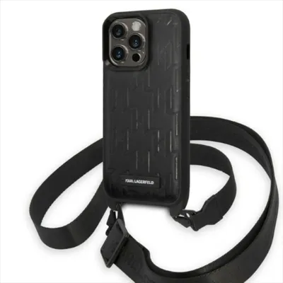 A black Karl Lagerfeld iPhone 14 Pro case with a monogram pattern and a strap is shown against a white background.