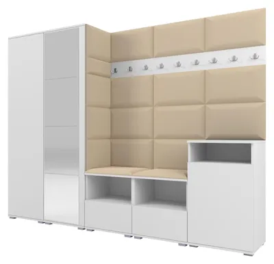Produktbild von Garderobe NELA VIII 250 cm Modulare Flurmöbel Weiß mit Spiegel & Sitzpolster Beige 04 (Set XL)