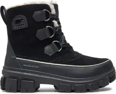 A black Sorel boot is shown against a white background.