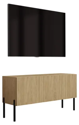 Immagine prodotto di Mobile TV in legno di quercia oliato, con gambe nere dritte, dimensioni 100 x 32 x 52 cm