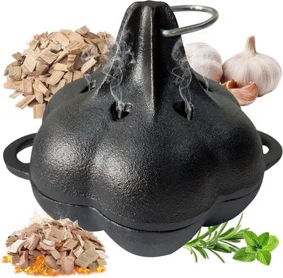 Productafbeelding van Gietijzeren pannen voor roken en knoflookbereiding, geschikt voor grillen en bakken, ideaal voor het roosteren van groenten, vlees of andere ingrediënten.