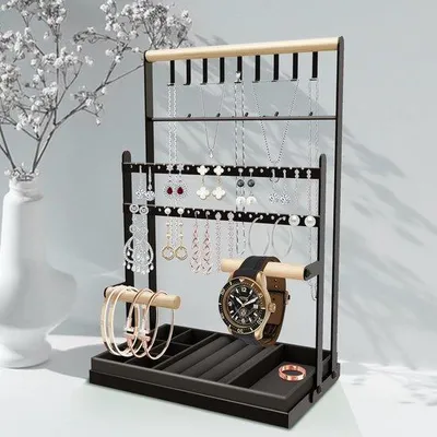Produktbild von Schmuckhalter, Ohrringhalter, Schmuckständer, Metallrahmen, Samt-Tablett, Halskettenhalter für Schmuck, Ohrringe, Ketten, Ringe, Armbänder
