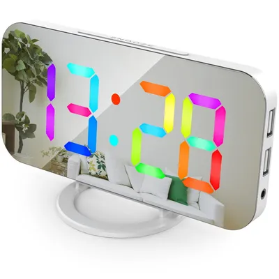 Obrázek produktu pro Digitální budík s dynamickým světlem RGB, stmívatelný jas, nastavitelná funkce odložení, nabíjecí port USB, zrcadlové hodiny, 12 hodin/24 hodin, do ložnice, domácí kanceláře, montáž na zeď